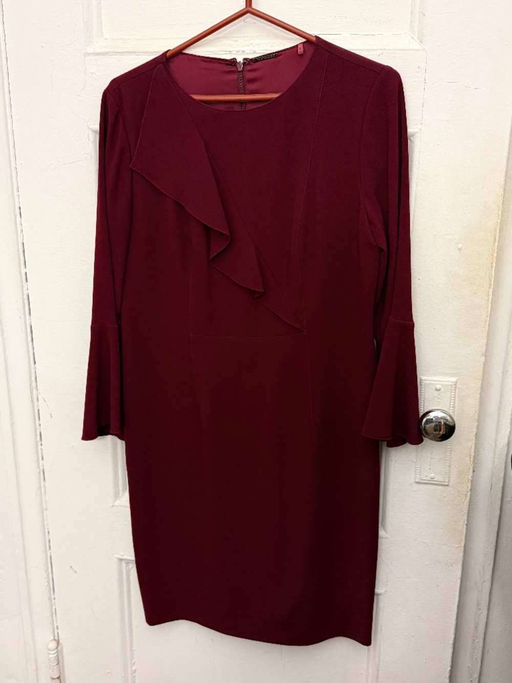 Elie Tahari Maroon Dress with Ruffle and Bell Sleeves